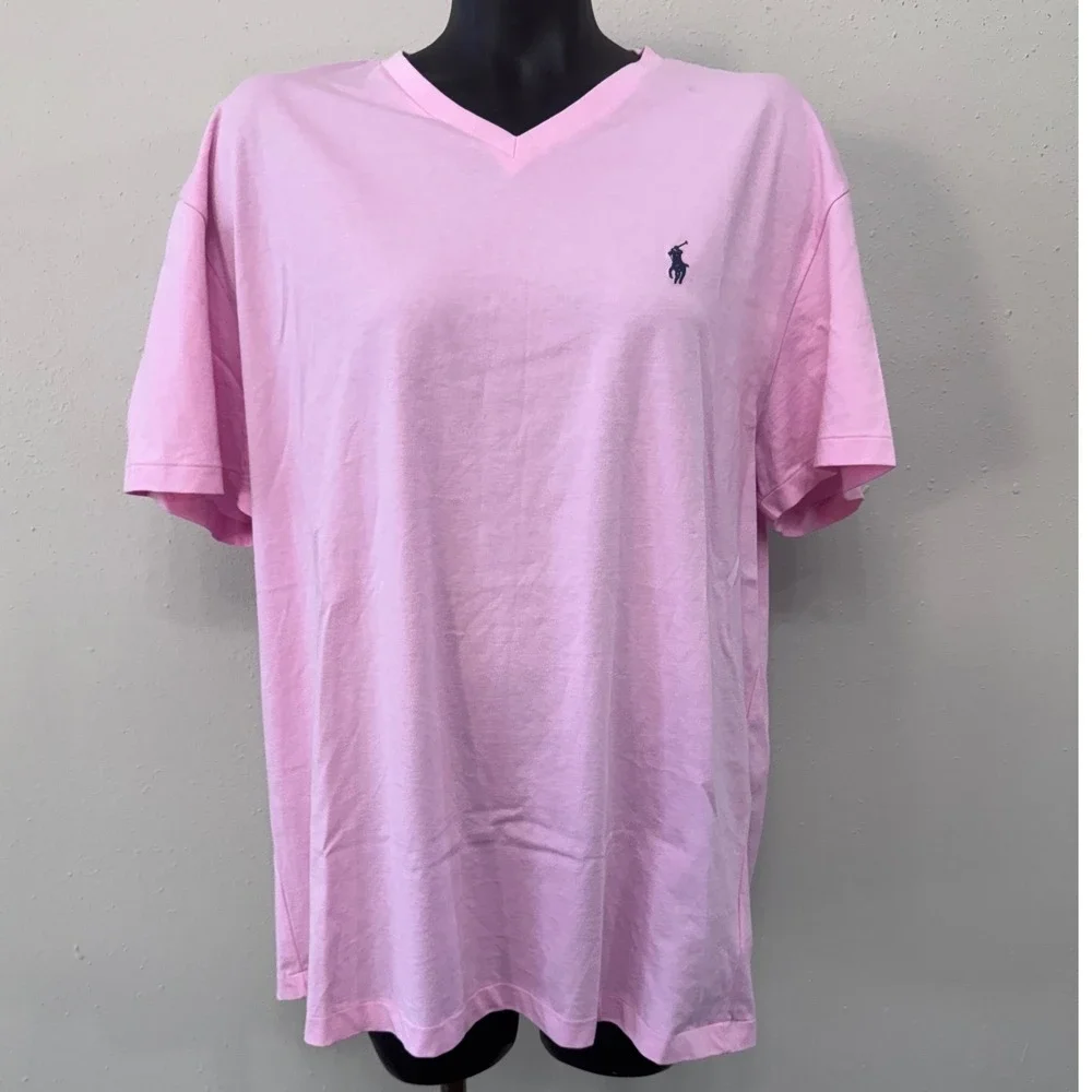 Polo Ralph Lauren Mens L Pink T-Shirt Classic V-Neck Cotton S/S Preppy Casual